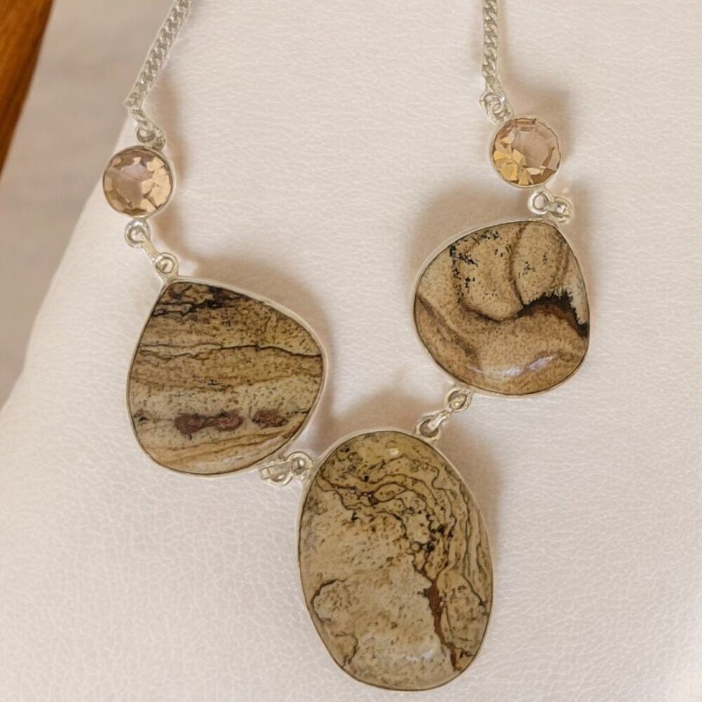 Sterling Silver Picture Jasper & Citrine Necklace, 18 Handmade Gemstone Jewelry